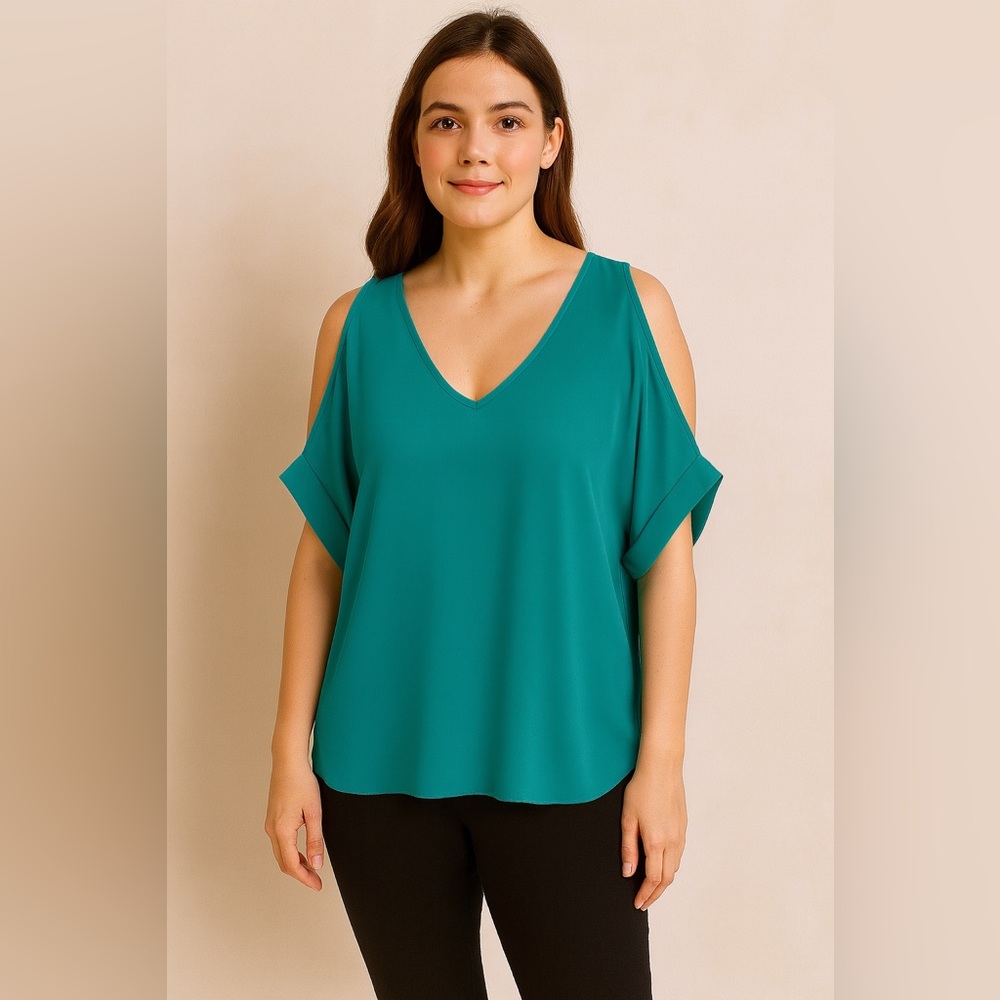 Lush Teal Cold-Shoulder V-Neck Blouse